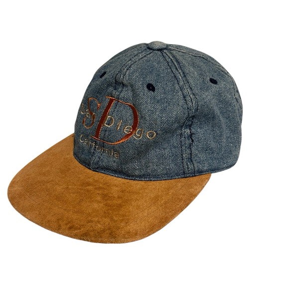 Vintage 90s San Diego Denim Leather Cap Truckers Hat Adjustable Vacation Collect - Picture 2 of 10
